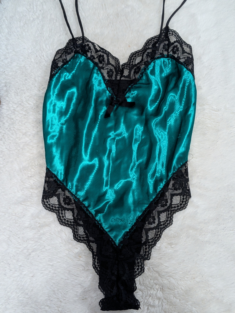 Vintage Green Satin Lace Teddy Bodysuit Size Medium